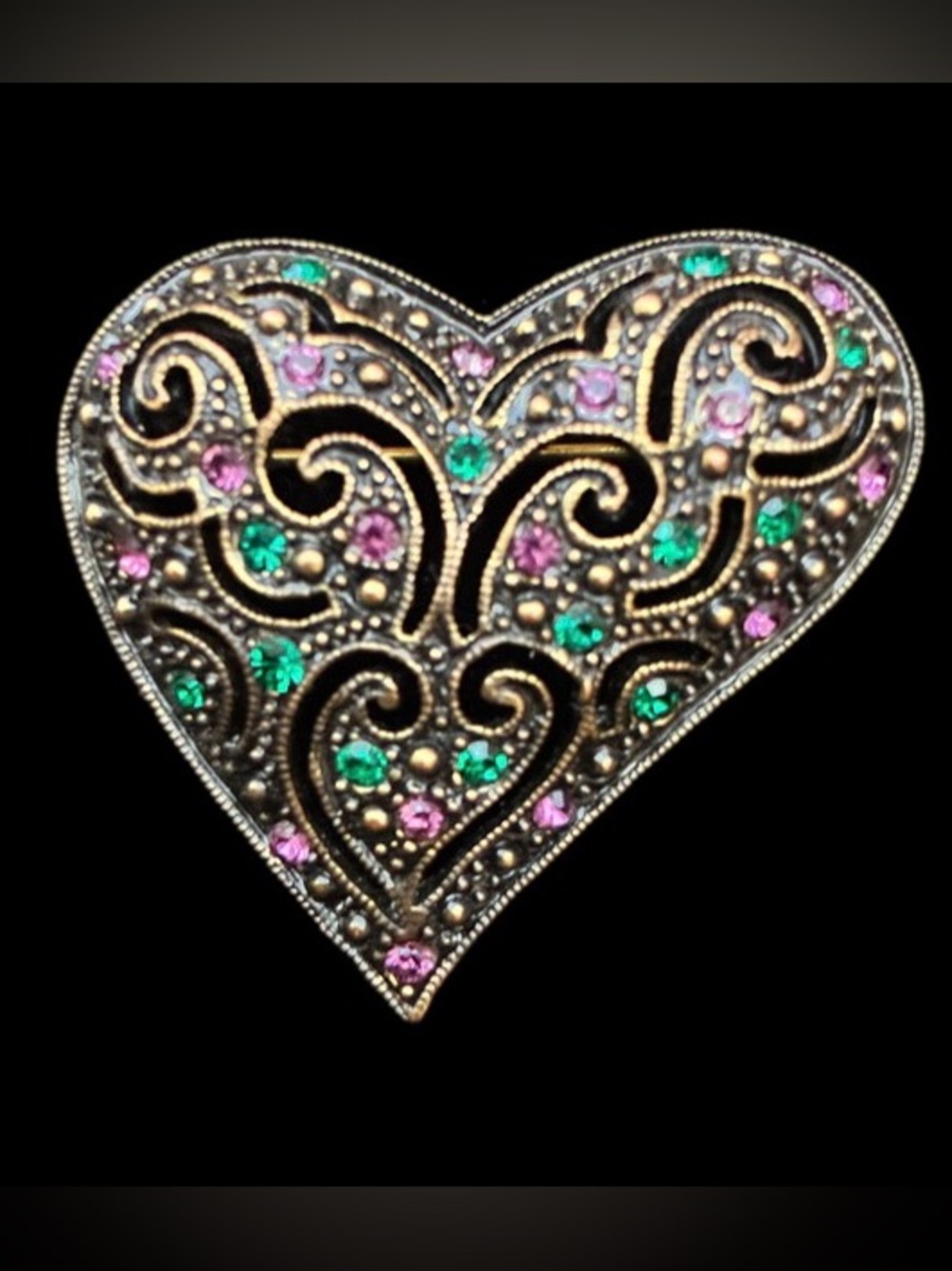 Vintage-1928 EUC Heart Filigree Brooch with Green and Pink Stones Art Deco